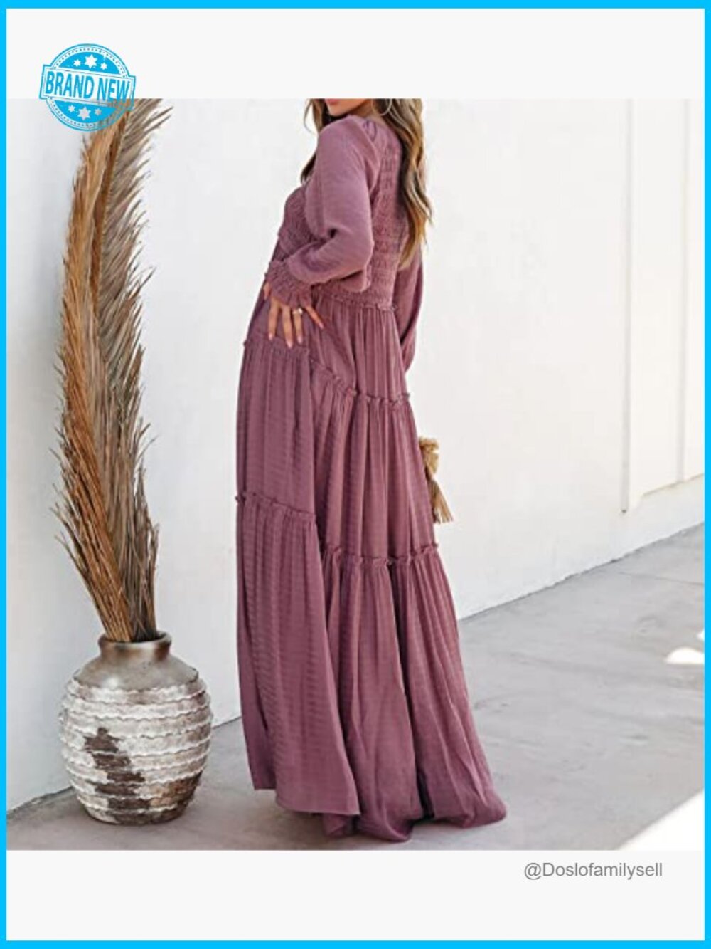 Long Sleeve V Neck Maxi Dress Empire Waist Boho Flowy Casual Elegant - Picture 3 of 7